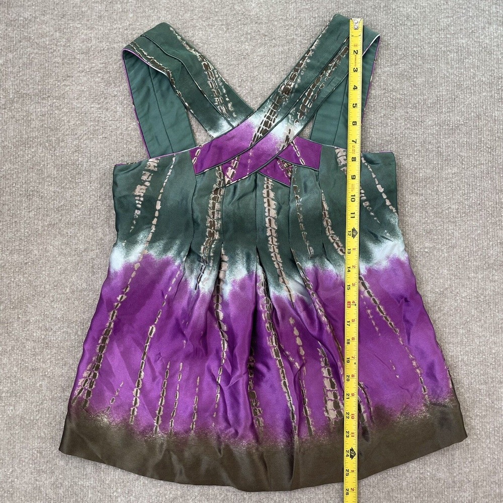 BCBG MaxAzria Silk Top Womens XS Green Purple Sleeveless Tank Shirt Criss Cross - Picture 7 of 9